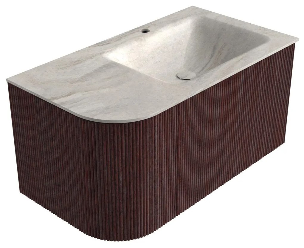 Mondiaz Kurve-dlux 85cm badmeubel ronding links ruby met 1 lade en deur en wastafel cloud kraangat rechts ostra