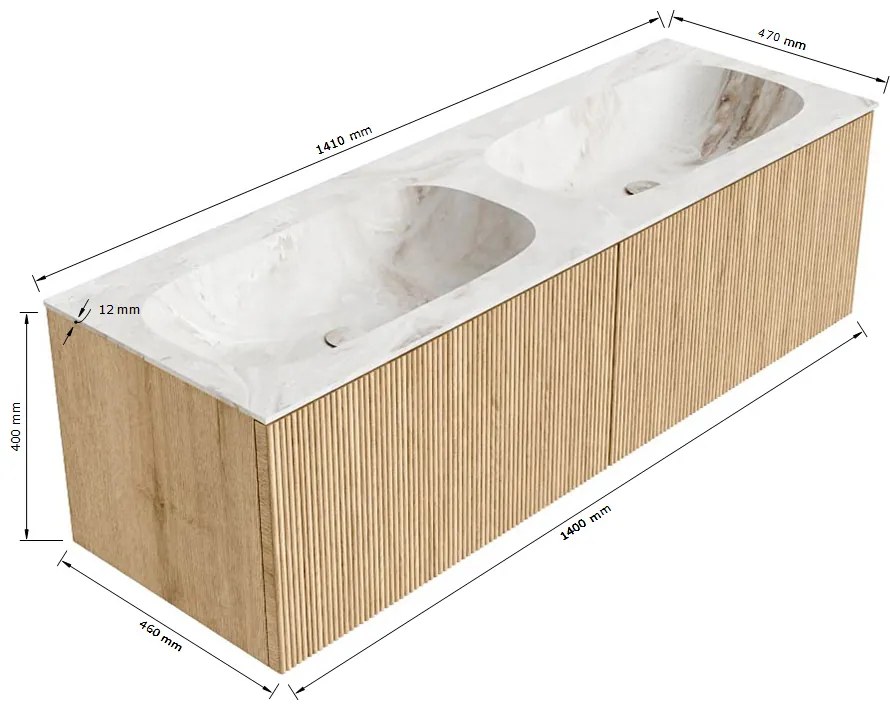 Mondiaz Kurve-dlux 140cm badmeubel dusk met 2 lades en wastafel stor small dubbel 2 kraangaten lava