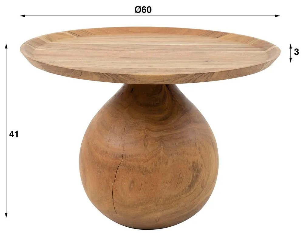 Salontafel Met Bolvoet Acacia Hout - 60 X 60cm.