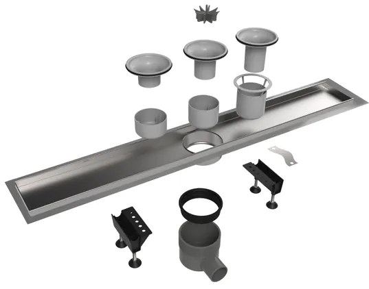 Easy Drain Multi inbouwdeel RVS zonder rooster met RVS flens waterslot 30/35/50mm 110cm inbouw diepte vanaf 79mm met zijuitloop edmipr1100