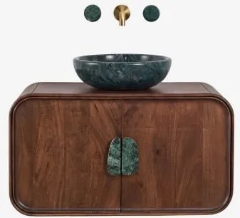 Hangend Badkamermeubelset 95x45 Cm Van Mangohout En Natuurlijke Kivalina-steen Groen Marmer Uit Udaipur - Donker Mangohout & Onde Groene Marmeren -