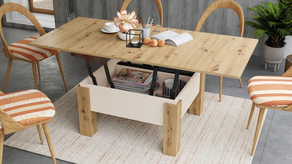 Mazzoni OSLO eiken artisan / beige, uitklapbare salontafel met in hoogte verstelbaar blad