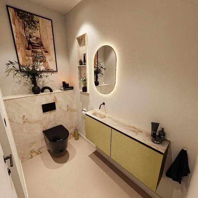 MONDIAZ TURE-DLUX 120cm toiletmeubel Oro. EDEN wastafel Frappe positie links. Zonder kraangat. TUREDX120OROL0FRA