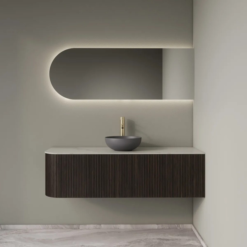 Gliss Design Alluro badmeubel ribbelfront met ronding links 140cm ebony en wit marmer toppaneel