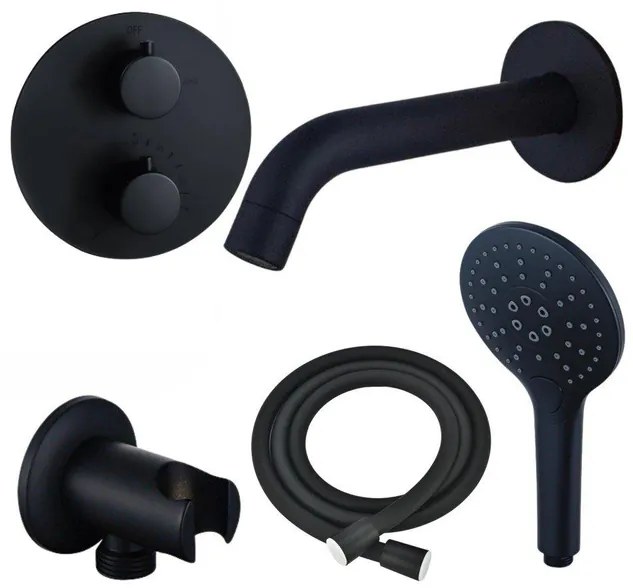 Fortifura Calvi Badkraan set - uitloop - 22cm inkortbaar - rond bedieningspaneel - gladde slang - ronde handdouche - inbouwdeel - wandhouder - mat zwart SW542644/SW706210/SW721167/SW1122511/SW496816/SW11