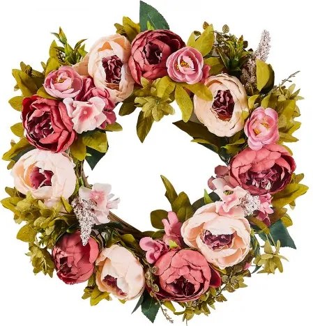VEVOR Kunstmatige decoratieve krans, 48,26 cm, roze, versierd met pioenrozen, hortensia's, gipskruid, deurkrans voor alle seizoenen, als decoratie voor huis, muren, ramen, festivals en bruiloften