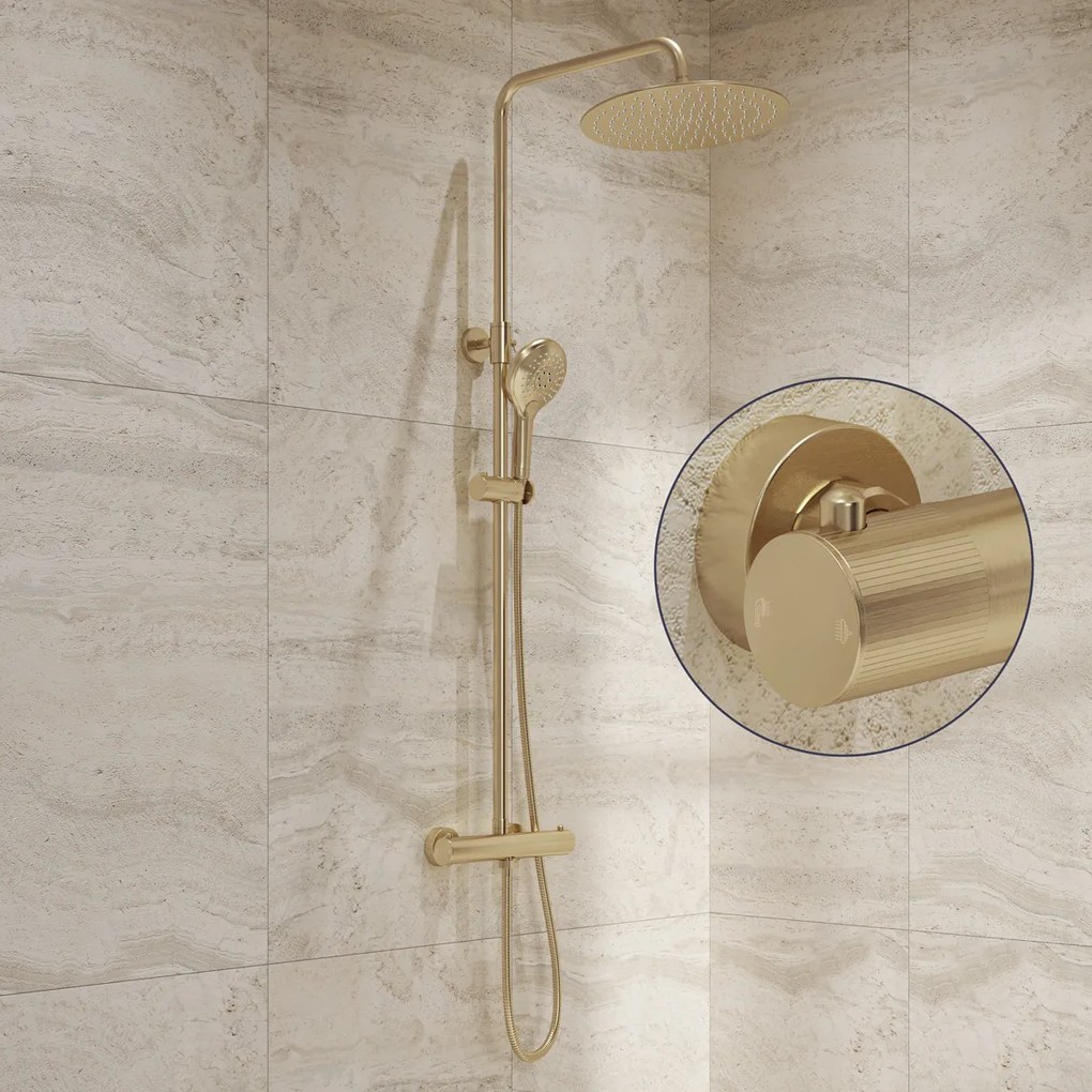 Saniclear Evolution Stripes opbouw regendouche geborsteld messing / mat goud met 30cm hoofddouche en 2 standen handdouche