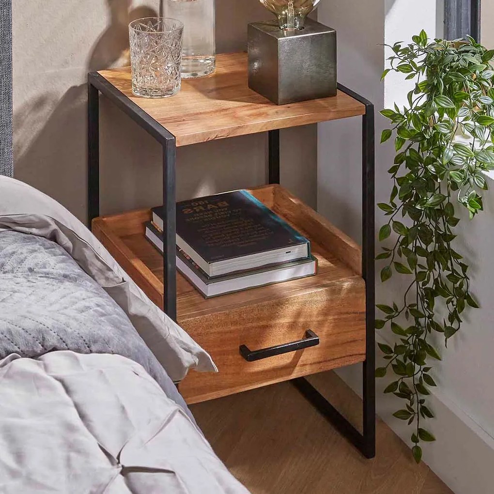 Smal Nachtkastje Hout En Metaal - 35x35x55cm.