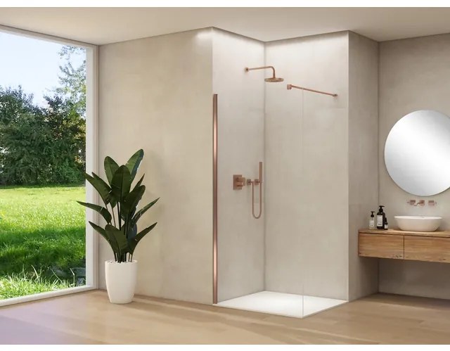 Van Rijn Products ST01 vaste wand - 108x200cm - helder glas - - dikte 8mm - stabilisatiestang - muurprofiel - Koper geborsteld ST01500110HESCM