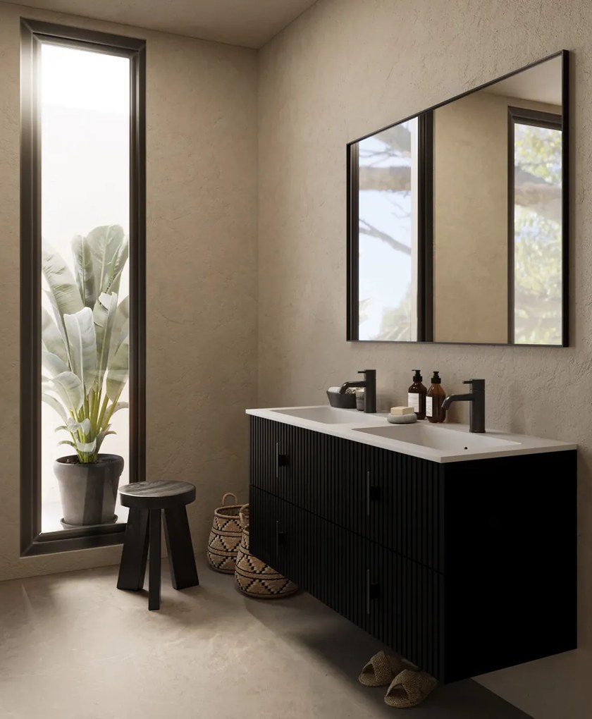Muebles Avila badmeubel ribbelfront 120cm zwart mat met dubbele wastafel met kraangaten