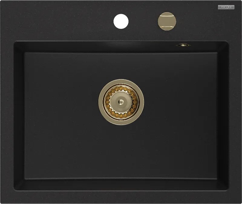 Mexen Oscar granieten gootsteen 1-komorige 580 x 490 mm, zwart, gouden sifon - 6519581000-77-G