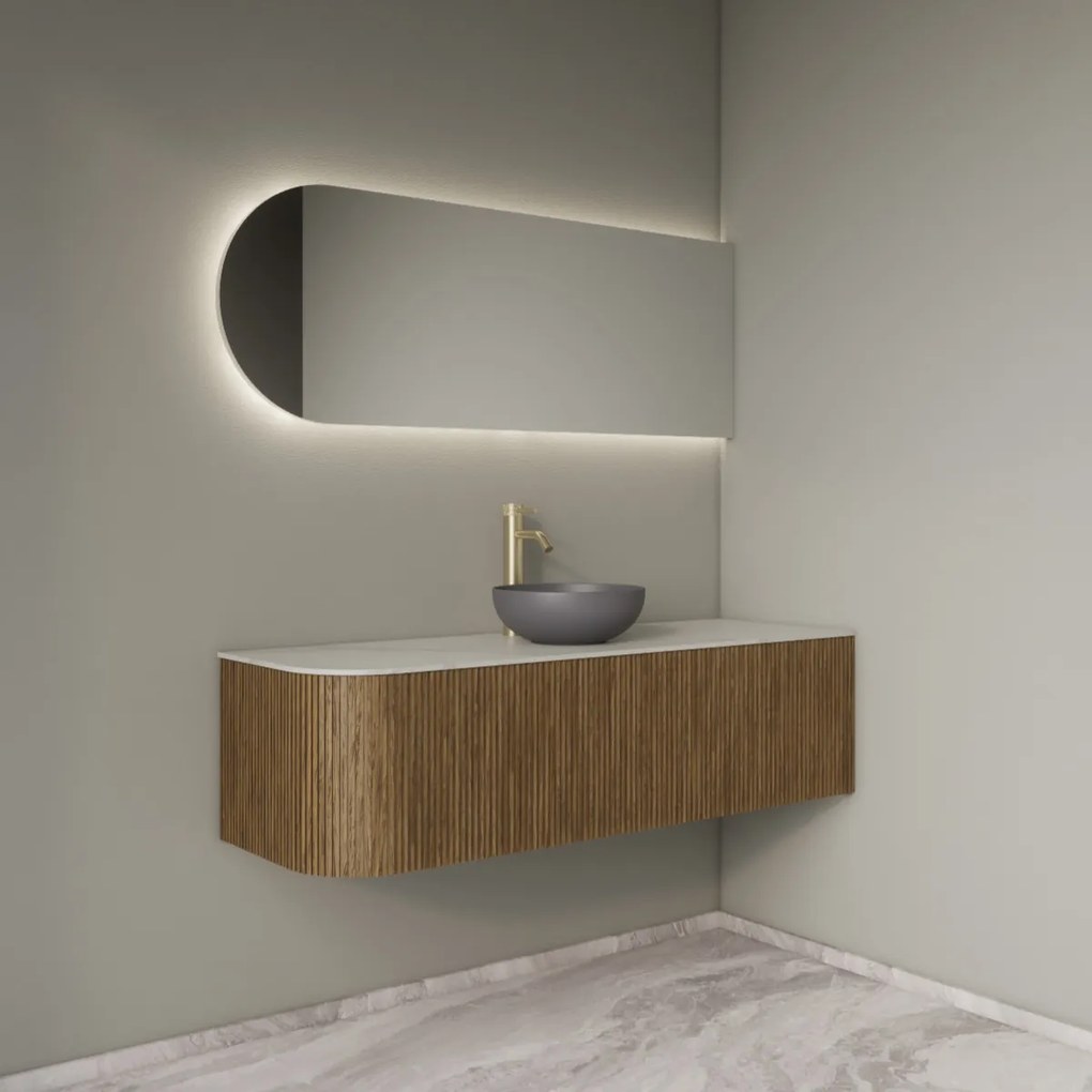 Gliss Design Alluro badmeubel ribbelfront met ronding links 140cm castle brown en wit marmer toppaneel