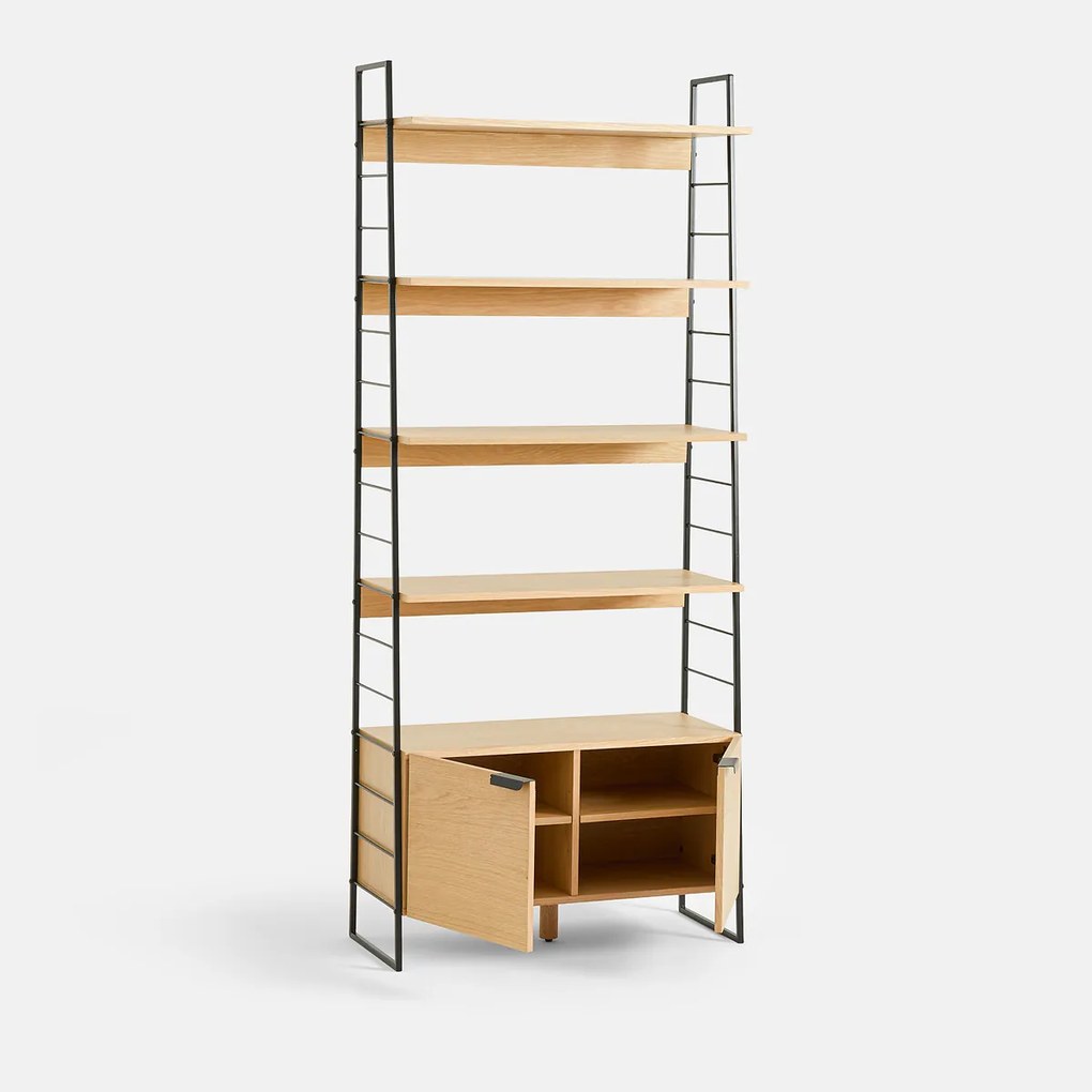 Boekenkast van gefineerd eikenhout en roestvrij staal, hoogte 190 cm, WATFORD
