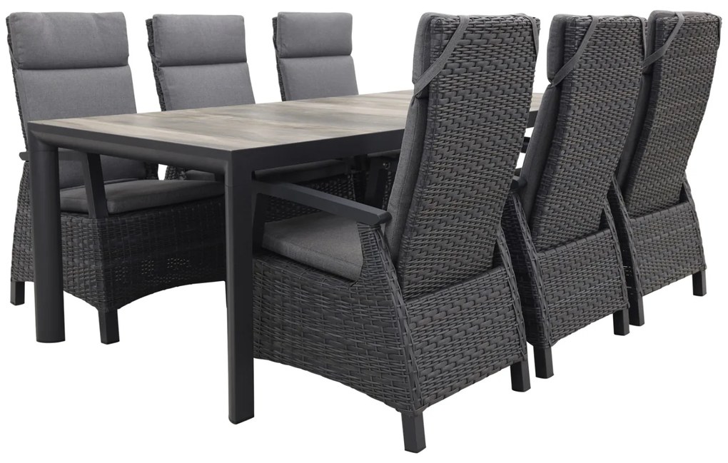 Darwin/Kings 6-persoons wicker verstelbare tuinset 220x100 cm. - Antraciet/Houtlook