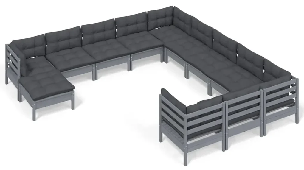 vidaXL 12-delige Loungeset met kussens grenenhout grijs