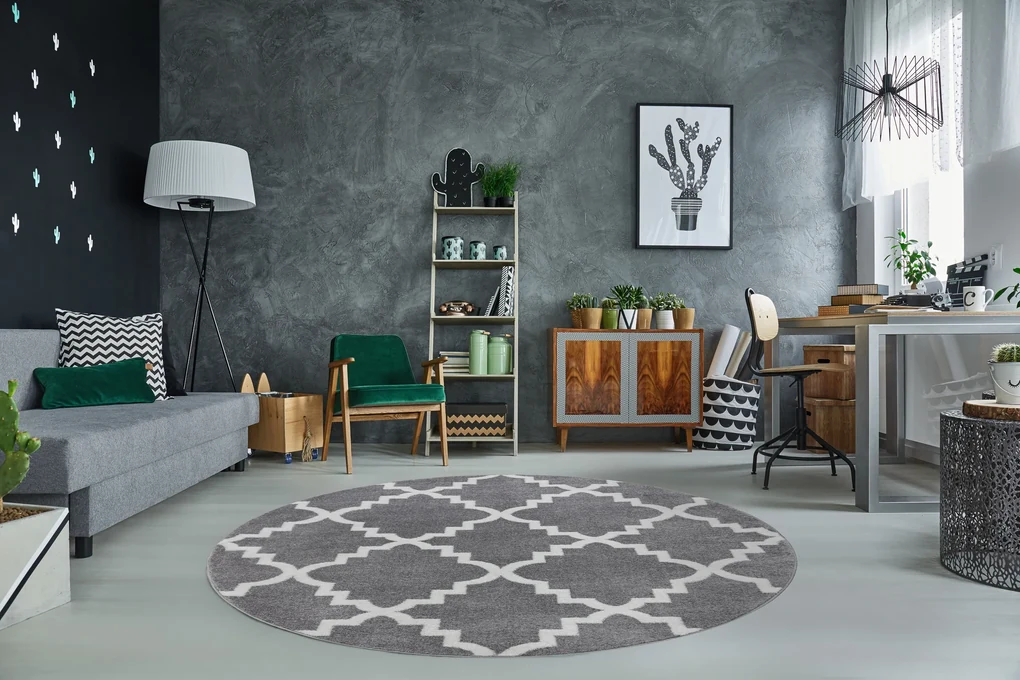 Tapijt SKETCH ROND - F343 grijs / witkleuring klaver Marokkaanse , trellis