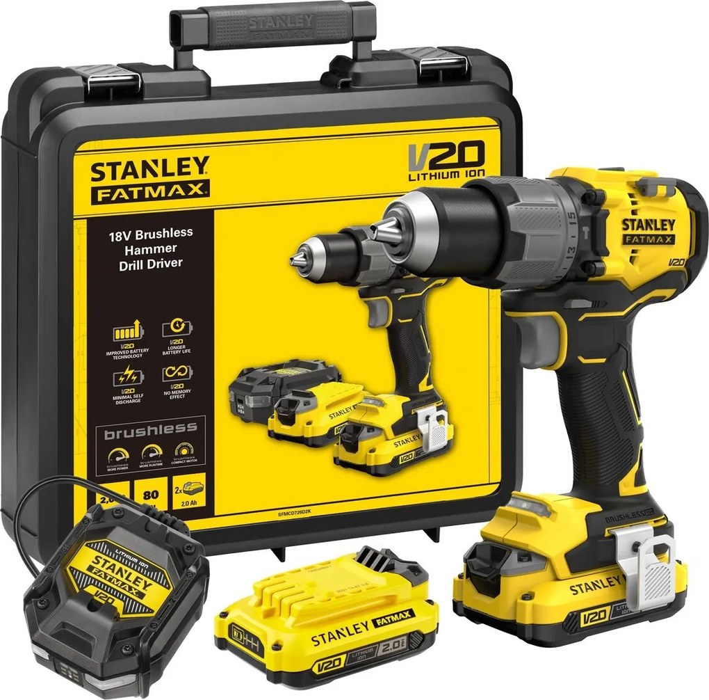 Stanley SFMCD726D2K Brushless V20 Li-Ion 18V Klopboormachine – Inclusief 2x 2.0Ah Accu, Lader en Koffer