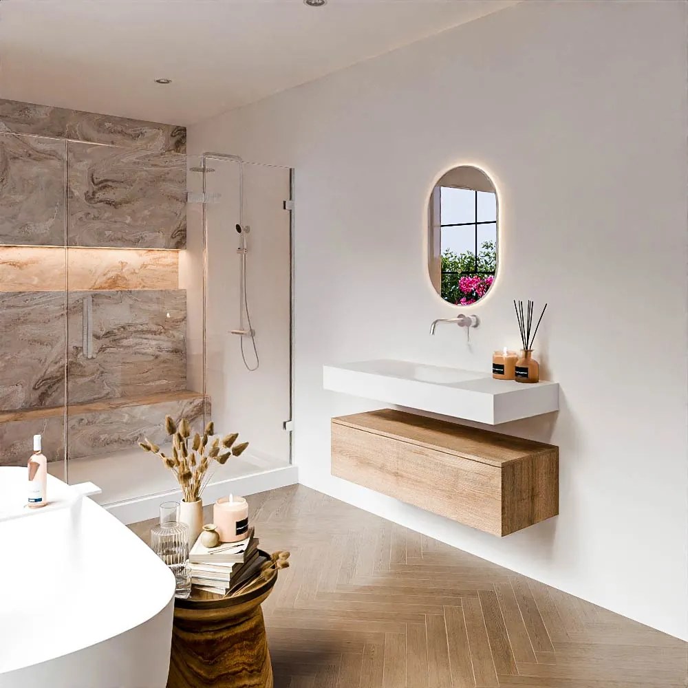Zaro Alan badmeubel 110cm washed oak 1 lade met vrijhangende wastafel cloud midden zonder kraangat talc