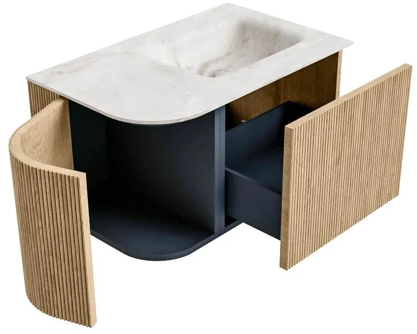 Mondiaz Kurve-dlux 75cm badmeubel ronding links oak met 1 lade en deur en wastafel grunne rechts zonder kraangat frappe