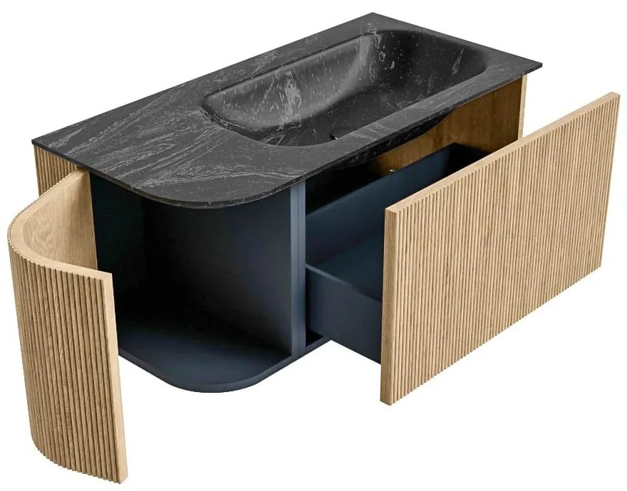 Mondiaz Kurve-dlux 95cm badmeubel ronding links oak met 1 lade en deur en wastafel big small rechts zonder kraangat lava