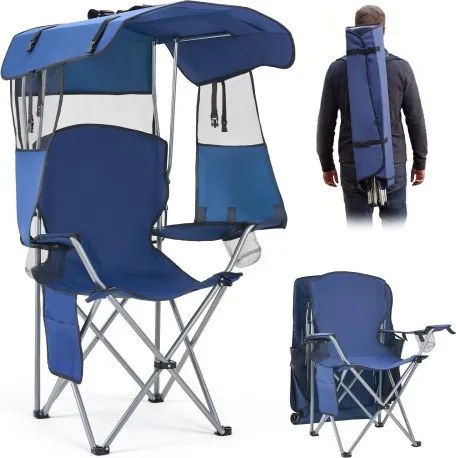 VEVOR Campingstoel, Klapstoel, Draagvermogen 150 kg, Visstoel met Zonnescherm & Tijdschriftenvak, Klapstoel met 2 Bekerhouders, voor Buitenactiviteiten, Vissen, Picknicks, Kamperen, Donkerblauw