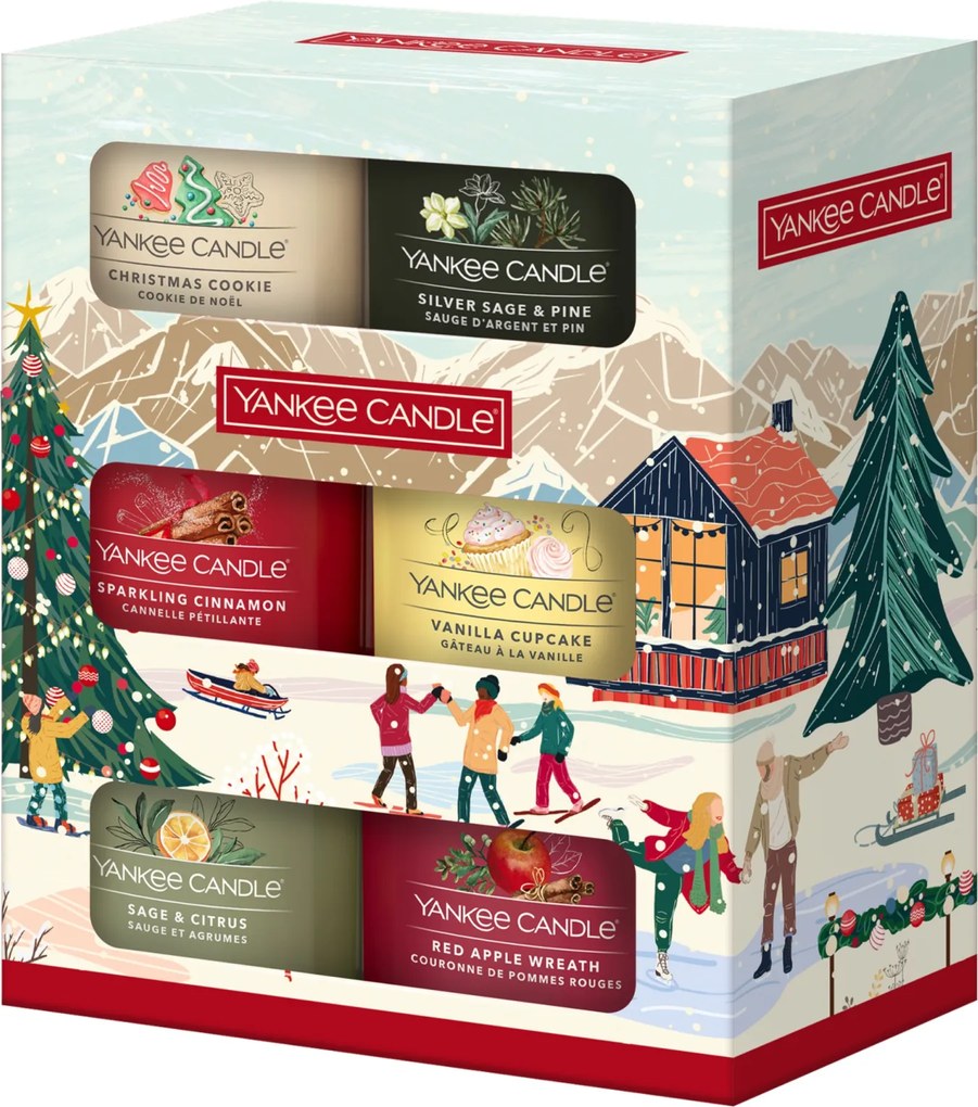 Yankee Candle Apres Ski Christmas Classics - 6 Filled Votive Gift Set - Silver Sage&amp;Pine + Christmas Cookie + Sparkling Cinnamon + Vanilla Cupcake + Sage&amp;Citrus + Red Apple Wreath - 6x37g
