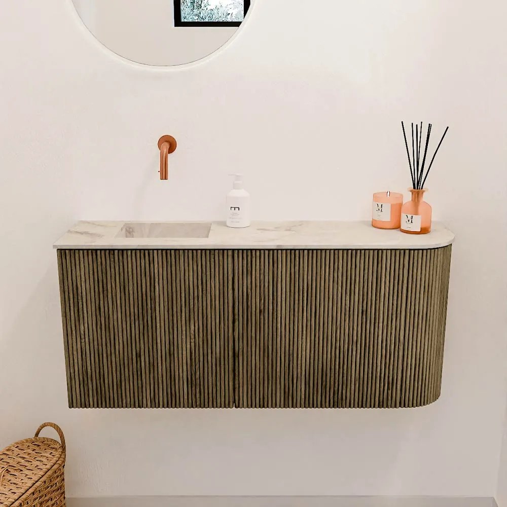 Mondiaz Joya DLux 90cm toiletmeubel ronding rechts dusk met wastafel faye links zonder kraangat frappe