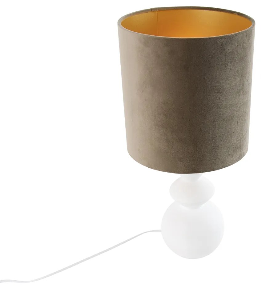 Design tafellamp wit velours kap taupe met goud 25 cm - Alisia Design E27 rond Binnenverlichting Lamp
