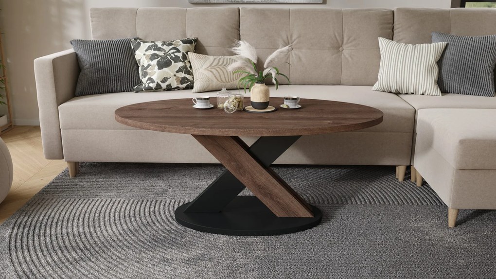 Mazzoni LOXA Bruin Eiken / Zwart - OVALE SALONTAFEL 120x65 cm