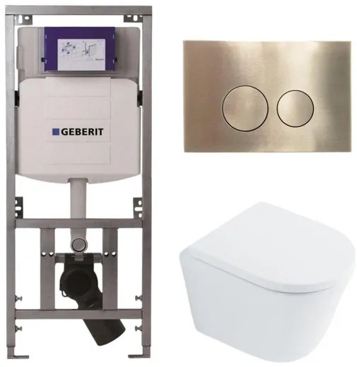 QeramiQ Dely Toiletset - 36.3x51.7cm - diepspoel - rimless - Geberit UP320 inbouwreservoir - met Burda frame - softclose toilet zitting 35 mm - geborsteld messing bedieningsplaat - ronde knoppen - wit glans SW1026255 / SW1159505/0701131/SW706200