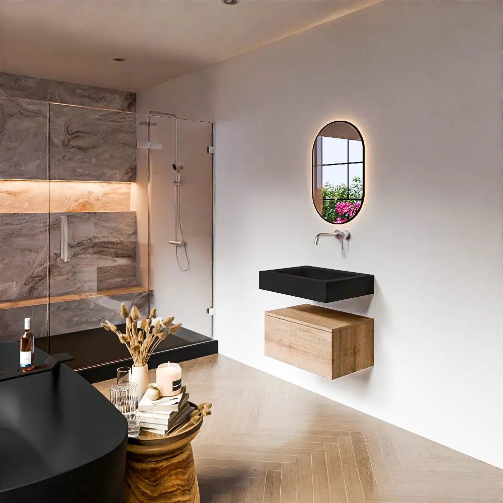 Zaro Alan badmeubel 60cm washed oak 1 lade met vrijhangende wastafel cloud midden zonder kraangat urban