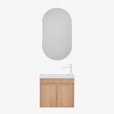 Narek Zwevend Houten Badkamermeubelset Met Geïntegreerde Wastafel Ash Brown & Ovaal Met Opbergruimte Zwart 50x90 Cm Oricsa & Wit - Sklum