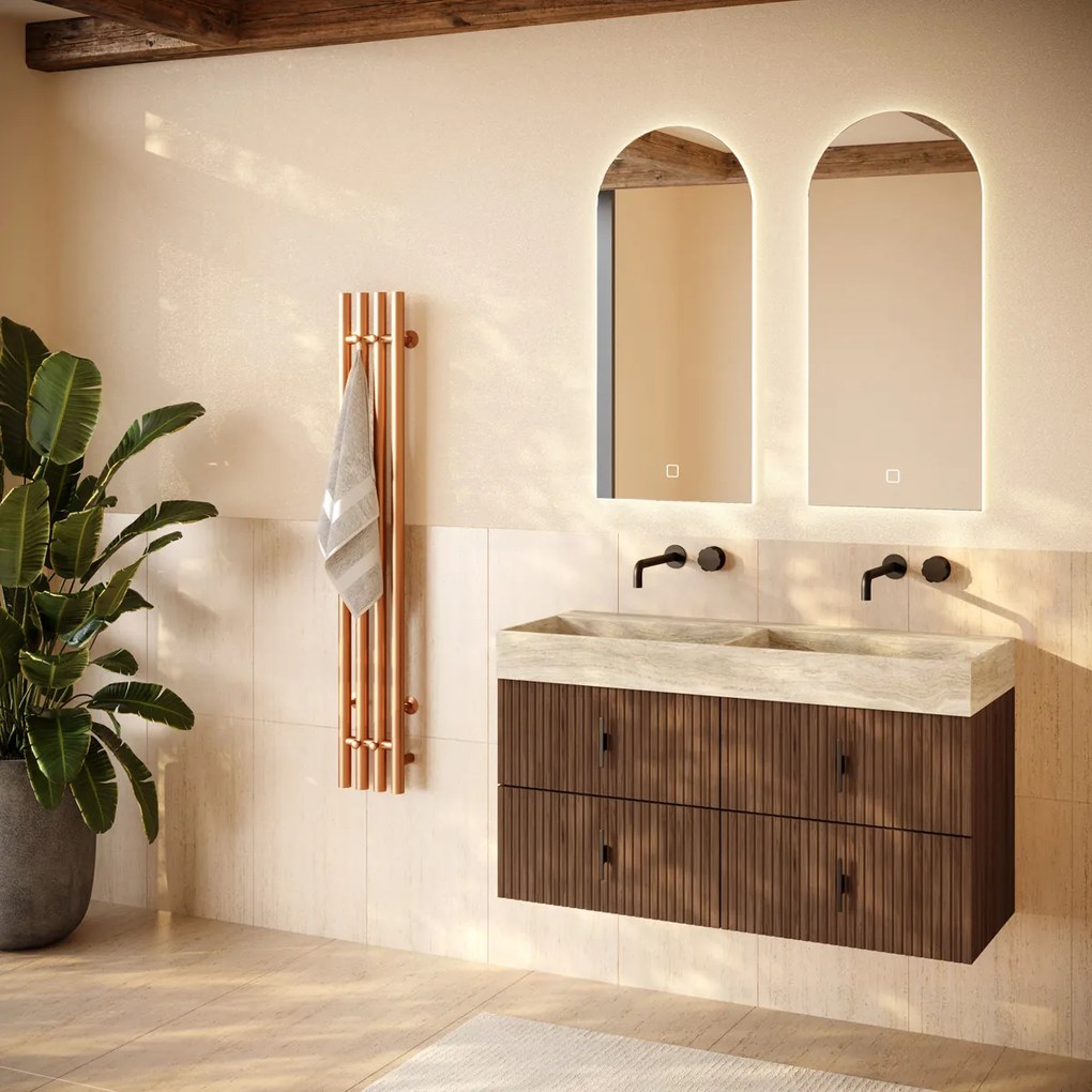 Muebles Murcia badmeubel ribbelfront 120cm walnoot met White Travertin wastafel zonder kraangaten
