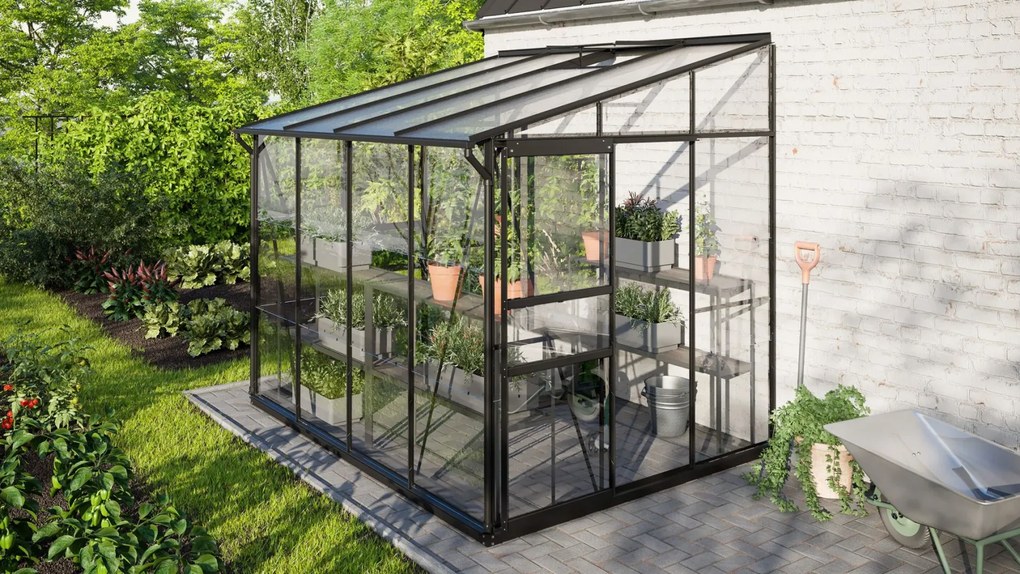 Vitavia Ida muurserre 5,2m² met veiligheidsglas - Zwart - Met dubbele schuifdeur (B120 cm) en fundering
