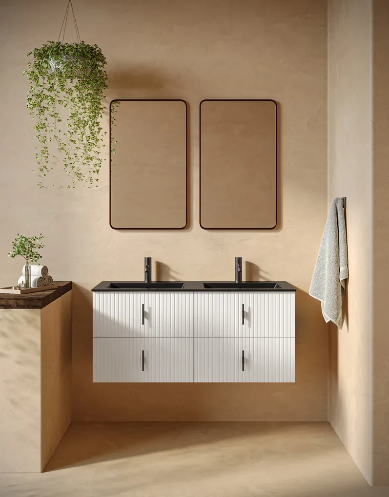 Muebles Marbella badmeubel ribbelfront 120cm wit mat met zwarte wastafel met kraangat