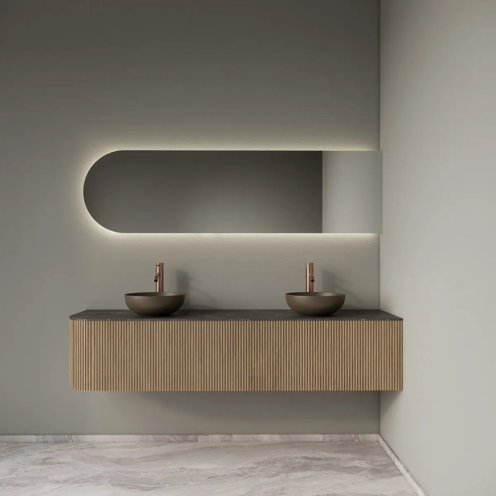 Gliss Design Alluro badmeubel ribbelfront met ronding links 180cm mist en zwart leisteen toppaneel