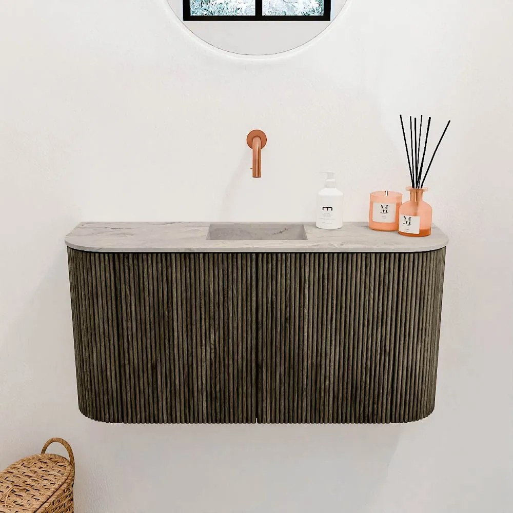 Mondiaz Joya DLux 85cm toiletmeubel ronding links/rechts shadow met wastafel faye midden zonder kraangat glace