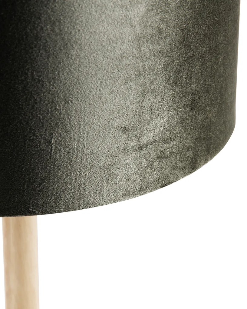 Tafellamp hout met velours kap groen 35cm - Mels Klassiek / Antiek, Landelijk E27 rond Binnenverlichting Lamp