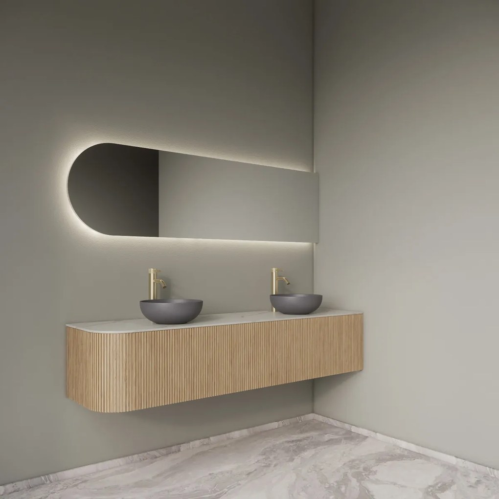Gliss Design Alluro badmeubel ribbelfront met ronding links 180cm mist en wit marmer toppaneel