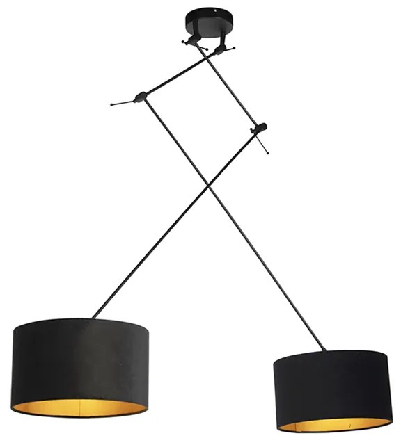 Hanglamp zwart met velours kappen zwart met goud 35 cm 2-lichts - Blitz