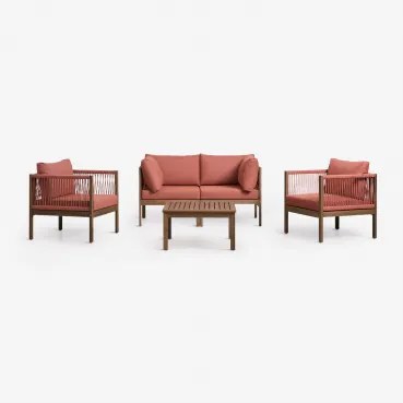 Tuinset Met 2-delige Modulaire Bank Met Armleuningen, 2 Fauteuils En Salontafel Van Acaciahout Branson Terracotta - Acaciabruin - Sklum