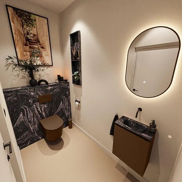 MONDIAZ TURE-DLUX 40cm toiletmeubel Rust. EDEN wastafel Lava positie midden. Zonder kraangat. TUREDX40RUSM0LAV