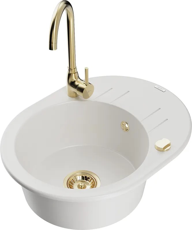 Mexen Kevin granieten gootsteen 1-kompartment met afdruiprek en keukenkraan Telma, wit - 6517-20-670200-50