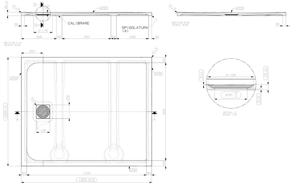 Saniclear Lino douchebak 120x100cm met stone finish donkergrijs