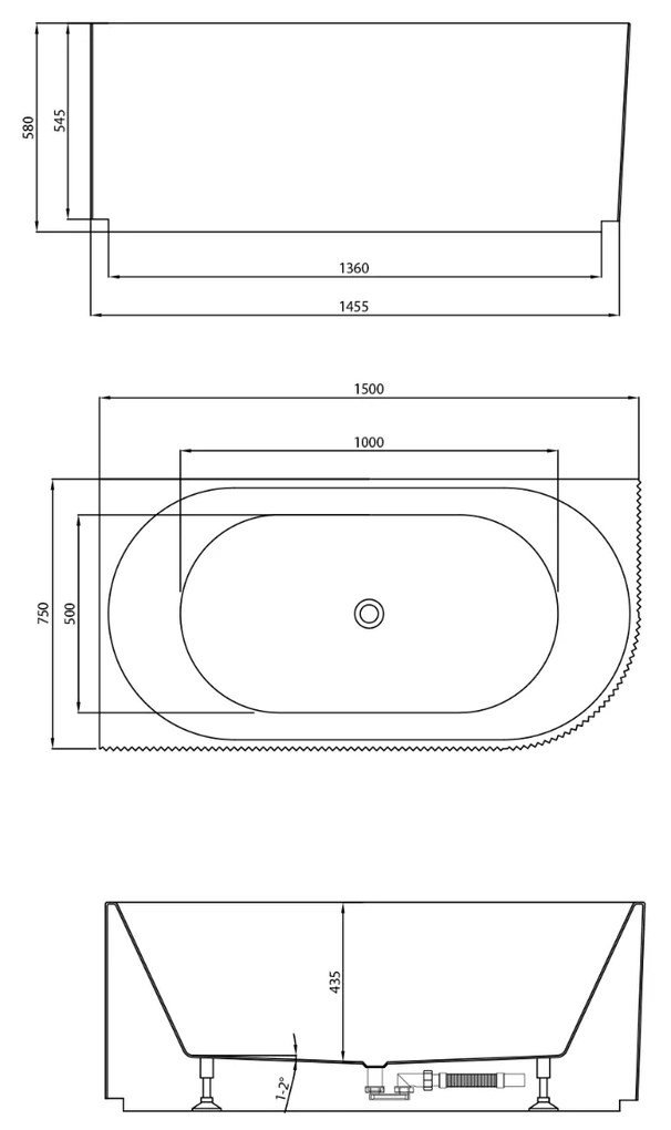 Aqualine Tibera hoekbad links met ribbel 150x75cm wit