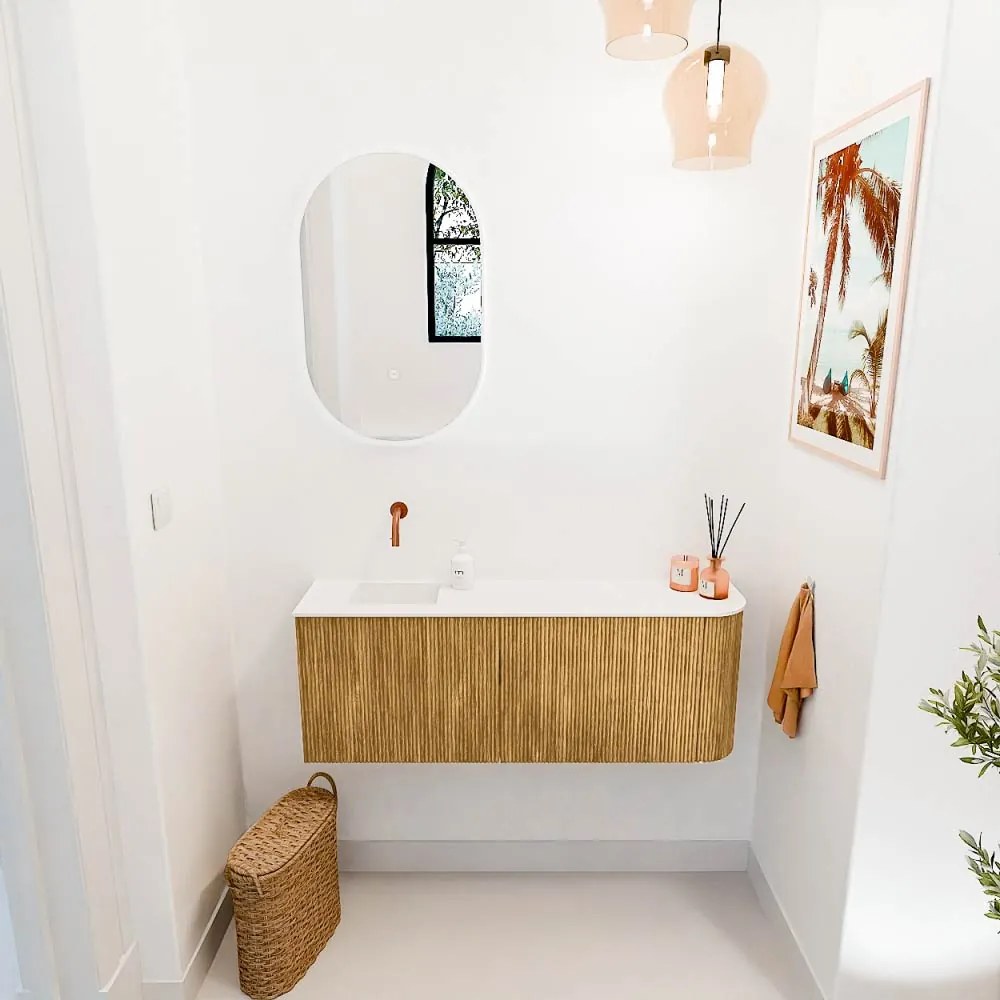 Mondiaz Joya 110cm toiletmeubel ronding rechts oak met wastafel faye links zonder kraangat talc