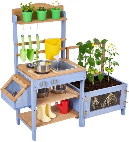 VEVOR Speelkeuken, Kinderkeuken, Houten Speelgoedkeuken met Plantenbak, Watertank, Spoelbak, Kookgerei &amp; Accessoires, Houten Keuken voor Tuin &amp; Gazon, voor Kinderen vanaf 3 jaar, 1060x370x995mm