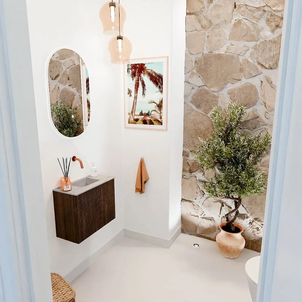 Mondiaz Joya DLux 50cm toiletmeubel walnut met wastafel faye midden zonder kraangat glace