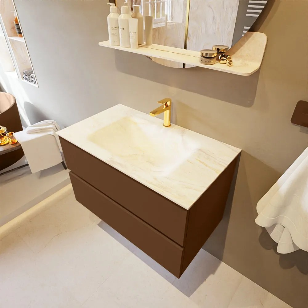 Mondiaz Vica DLux badmeubel 80cm rust 2 lades met wastafel ostra midden 1 kraangat