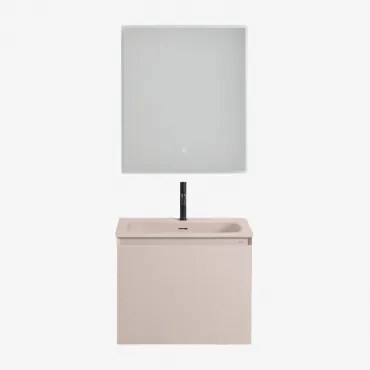 Macrae Houten Badkamermeubelset Met Geïntegreerde Wastafel Beige – Linnen & Rechthoekige Led En Anticondens 60x70 Cm Riben - Sklum
